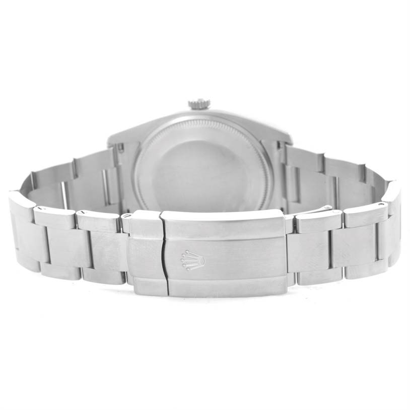 This is a rear view of the Rolex Air-King 114200 Men
s Stainless Steel Blue Dial 114200 Men
s Stainless Steel Blue Dial watch, showing its bracelet and closed clasp.