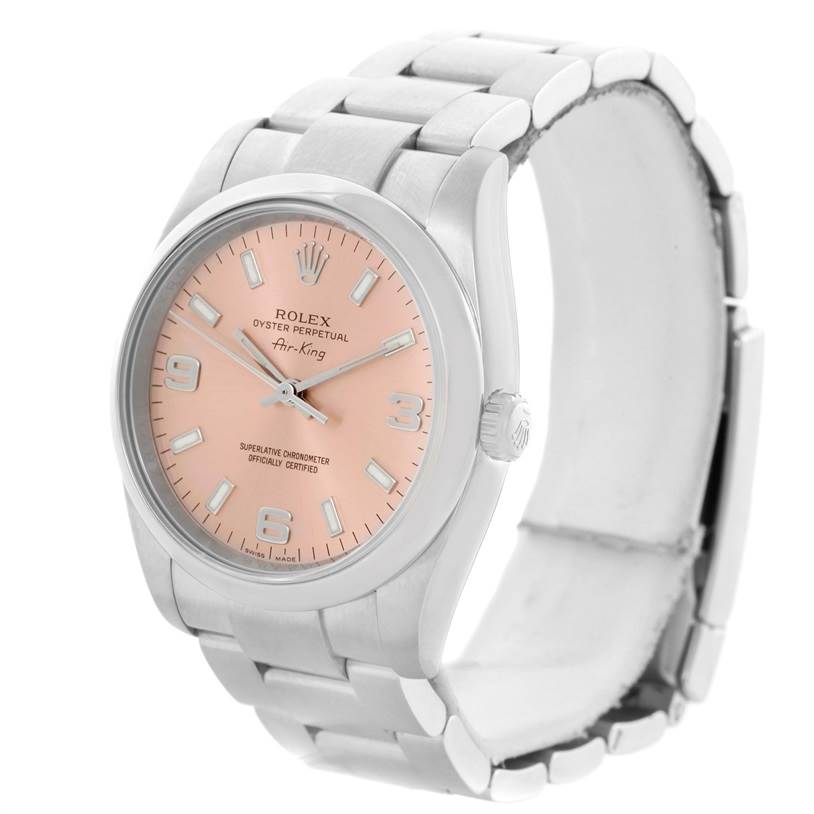 This is a front angle view of a Rolex Air-King 114200 Men's Stainless Steel Pink Dial 114200 Men's Stainless Steel Pink Dial watch showing its face, bezel, and bracelet.