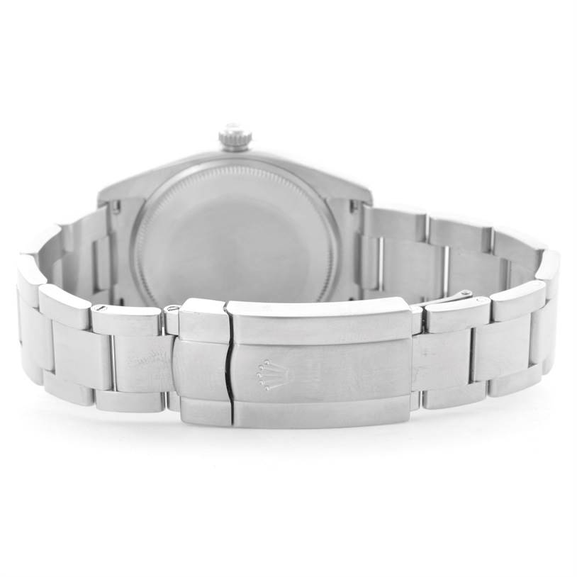 This image shows the back view of a Rolex Air-King 114200 Men's Stainless Steel Pink Dial 114200 Men's Stainless Steel Pink Dial watch, highlighting the bracelet and clasp.