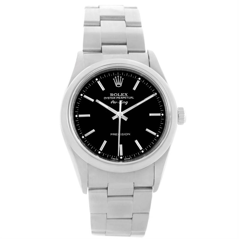 This image shows a front view of a Rolex Air-King 14000 Men's Stainless Steel Black Dial 14000 Men's Stainless Steel Black Dial watch, highlighting its black dial, silver hands, and metal bracelet.