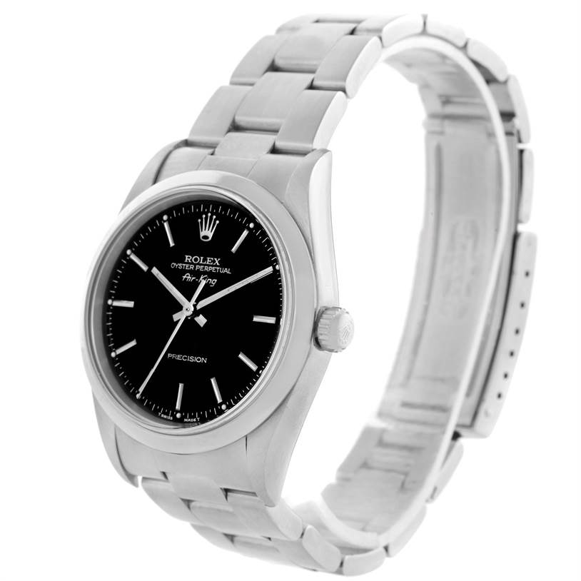 This image shows a Rolex Air-King 14000 Men's Stainless Steel Black Dial 14000 Men's Stainless Steel Black Dial watch at a slight angle, displaying the face, bezel, crown, and part of the bracelet.