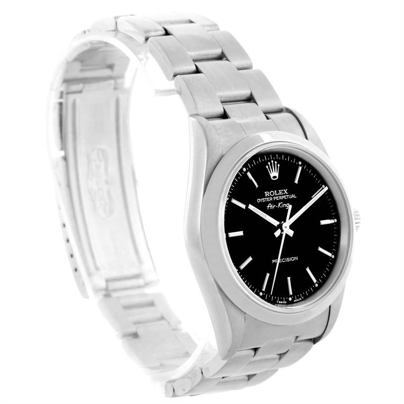 The image shows a side and front angle of the Rolex Air-King 14000 Men's Stainless Steel Black Dial 14000 Men's Stainless Steel Black Dial watch, highlighting the face, bezel, and bracelet.