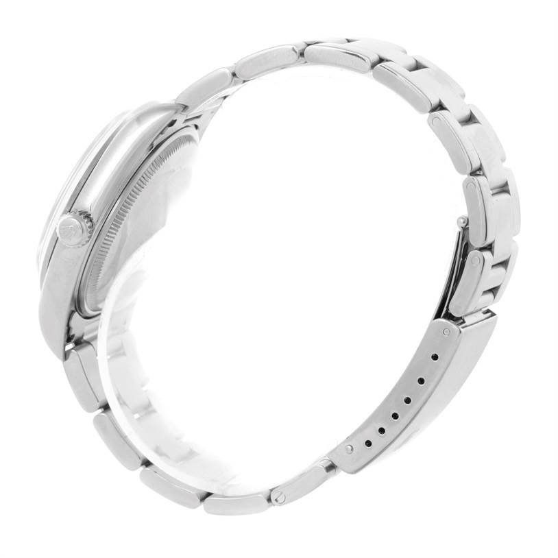 The Rolex Air-King 14000 Men's Stainless Steel Black Dial 14000 Men's Stainless Steel Black Dial watch is shown from a side angle, highlighting the crown, case, and bracelet.