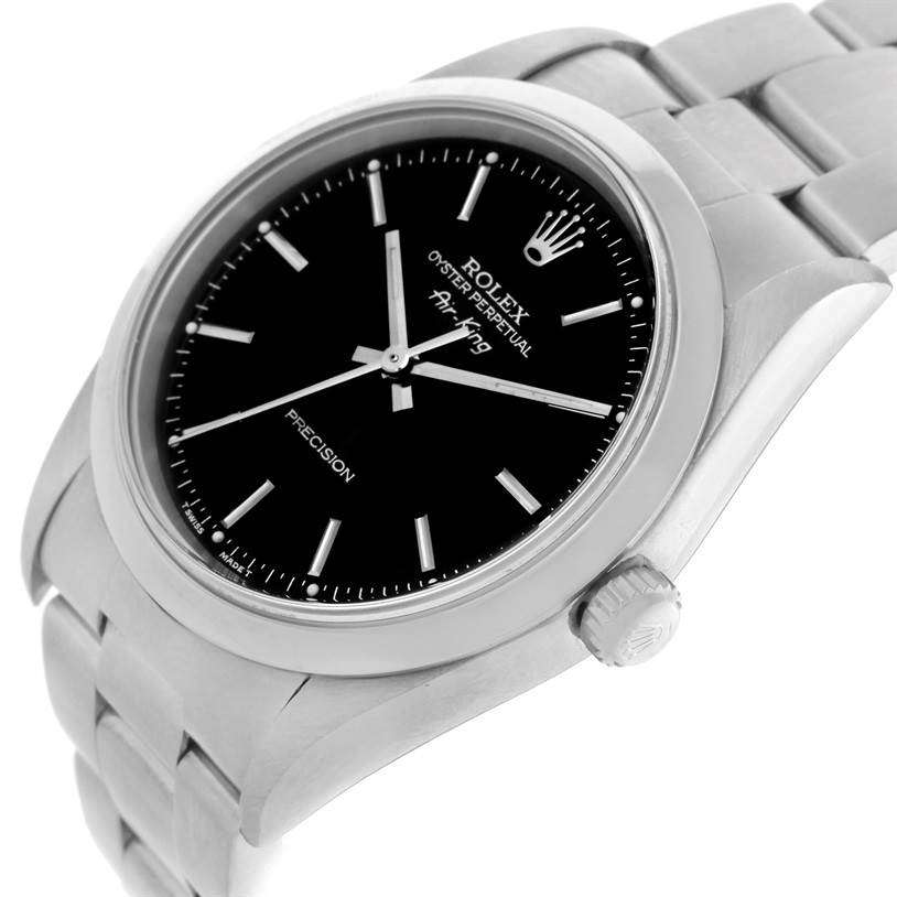 The image shows a Rolex Air-King 14000 Men's Stainless Steel Black Dial 14000 Men's Stainless Steel Black Dial watch at an angle featuring the dial, case, and part of the bracelet.
