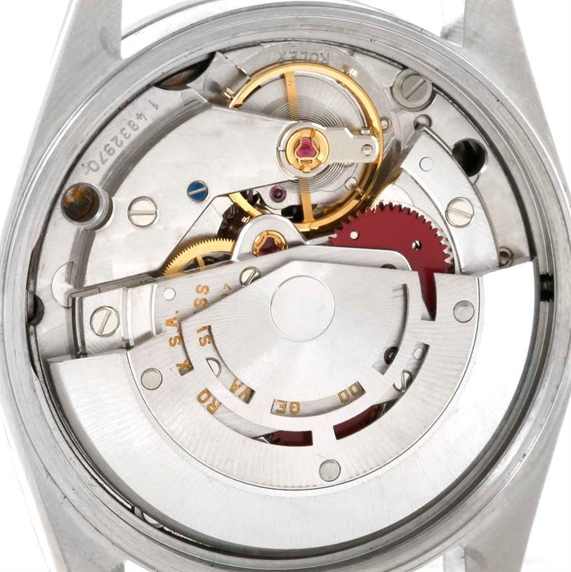 This image shows the internal mechanism and movement of a Rolex Air-King 14000 Men's Stainless Steel Black Dial 14000 Men's Stainless Steel Black Dial watch viewed from the back.