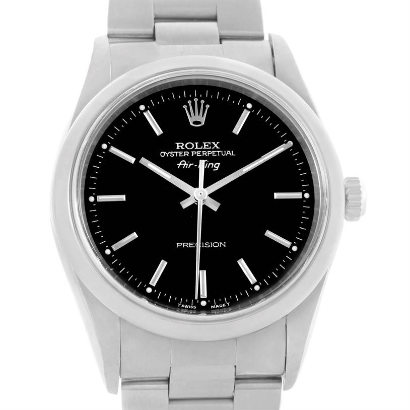 The image shows a front angle of a Rolex Air-King 14000 Men's Stainless Steel Black Dial 14000 Men's Stainless Steel Black Dial watch, displaying the dial, hands, crown, and part of the bracelet.