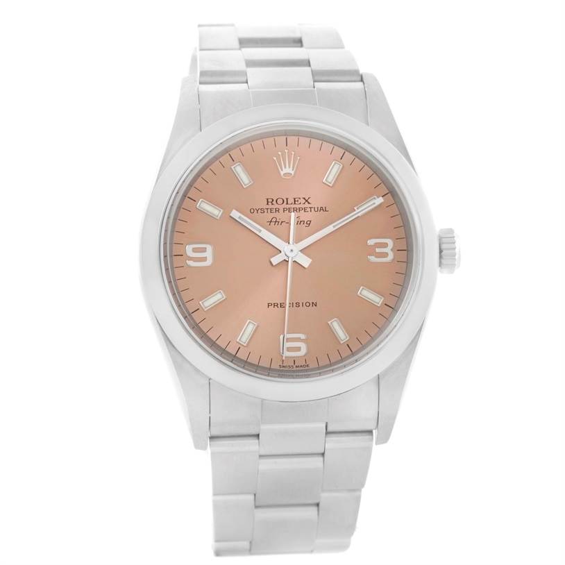 This is a frontal view of the Rolex Air-King 14000 Men's Stainless Steel Pink Dial 14000 Men's Stainless Steel Pink Dial showing the dial, bezel, and bracelet.