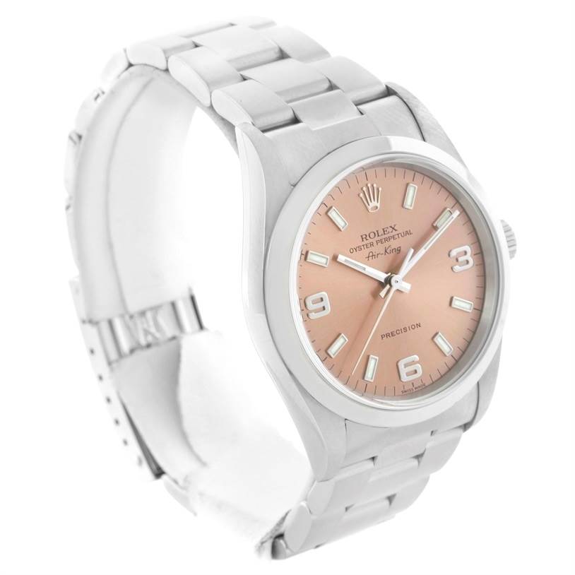 The Rolex Air-King 14000 Men's Stainless Steel Pink Dial 14000 Men's Stainless Steel Pink Dial watch is shown at a three-quarter angle, displaying its dial, bezel, case, lugs, and bracelet.