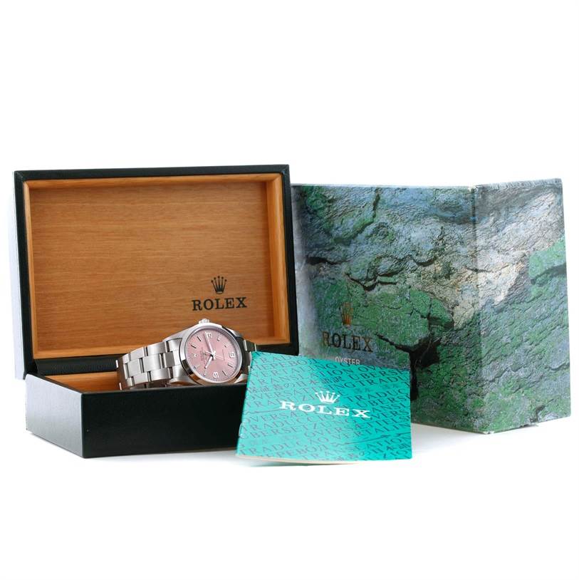 The image shows a Rolex Air-King 14000 Men's Stainless Steel Pink Dial 14000 Men's Stainless Steel Pink Dial watch in its open box with the outer packaging and a certificate or manual.