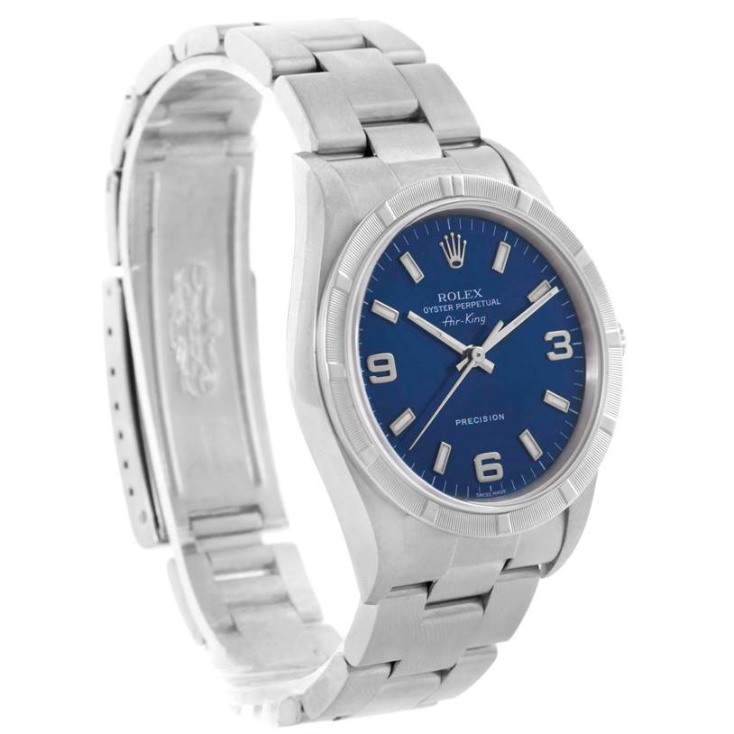 The image shows a Rolex Air-King 14010 Men's Stainless Steel Blue Dial 14010 Men's Stainless Steel Blue Dial watch from a three-quarter angle, highlighting the blue dial, stainless steel case, and bracelet.