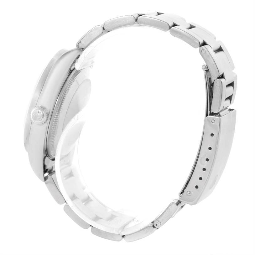 The image shows a side view of the Rolex Air-King 14010 Men's Stainless Steel Blue Dial 14010 Men's Stainless Steel Blue Dial watch, focusing on its case, crown, and bracelet.