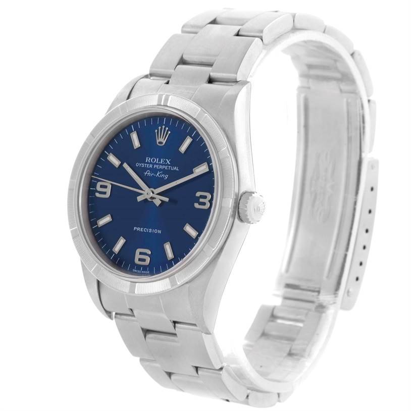This image shows a Rolex Air-King 14010 Men's Stainless Steel Blue Dial 14010 Men's Stainless Steel Blue Dial watch angled slightly from the front, highlighting its blue dial, stainless steel case, and bracelet.
