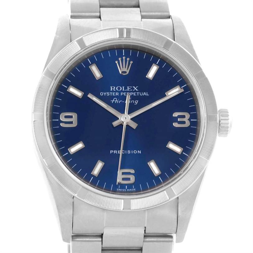 The image shows a front view of a Rolex Air-King 14010 Men's Stainless Steel Blue Dial 14010 Men's Stainless Steel Blue Dial watch with a blue dial and silver bracelet.