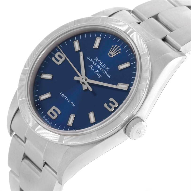 The image shows a Rolex Air-King 14010 Men's Stainless Steel Blue Dial 14010 Men's Stainless Steel Blue Dial watch at a slight angle, focusing on its blue dial, stainless steel case, bezel, and bracelet.
