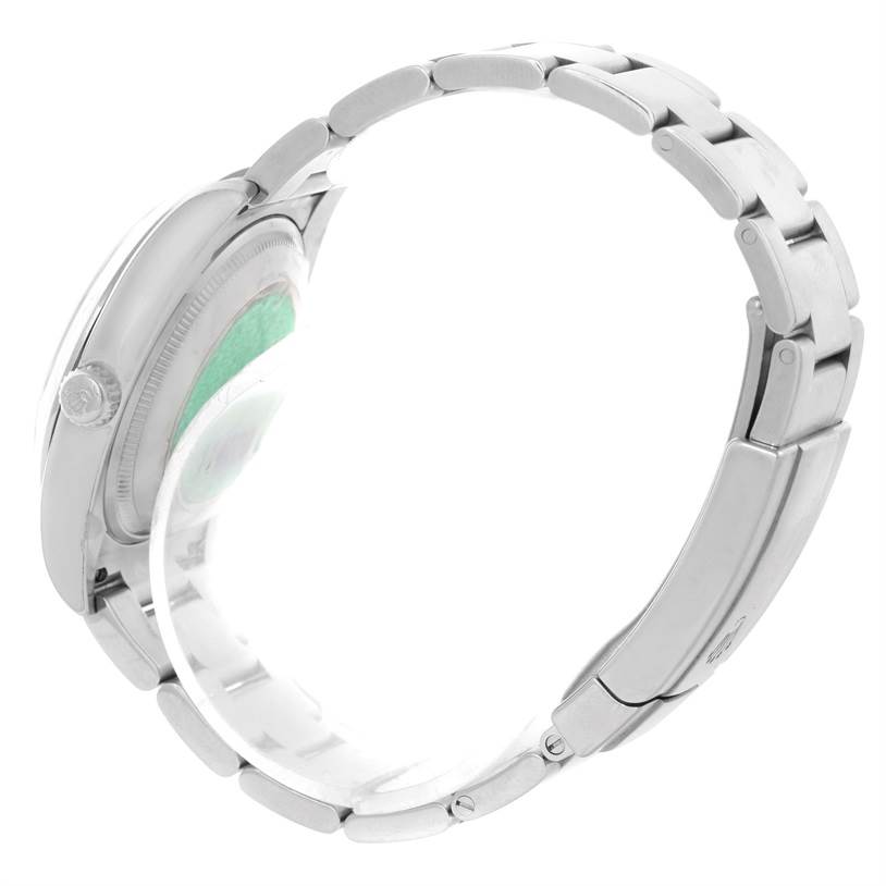 This image shows a side view of the Rolex Air-King 114200 Men's Stainless Steel White Dial 114200 Men's Stainless Steel White Dial watch, emphasizing the bracelet and case back.