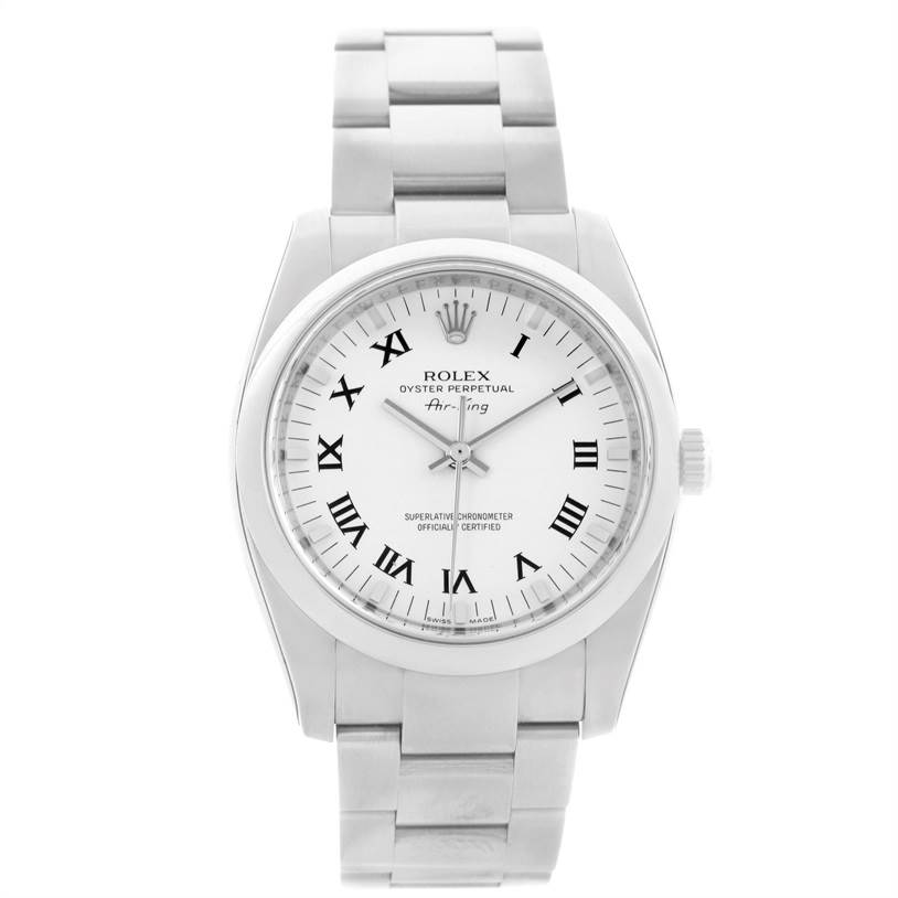This image shows a Rolex Air-King 114200 Men's Stainless Steel White Dial 114200 Men's Stainless Steel White Dial watch from a front view, emphasizing its dial, bezel, and bracelet.