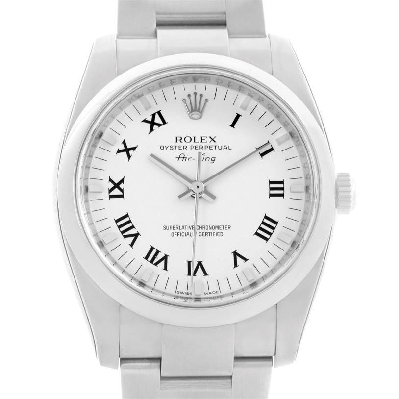The Rolex Air-King 114200 Men's Stainless Steel White Dial 114200 Men's Stainless Steel White Dial watch is shown from a front angle, highlighting its dial, bezel, and bracelet.
