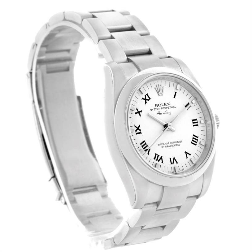 The image shows a Rolex Air-King 114200 Men's Stainless Steel White Dial 114200 Men's Stainless Steel White Dial watch at an angled view, focusing on the face, bezel, and bracelet.