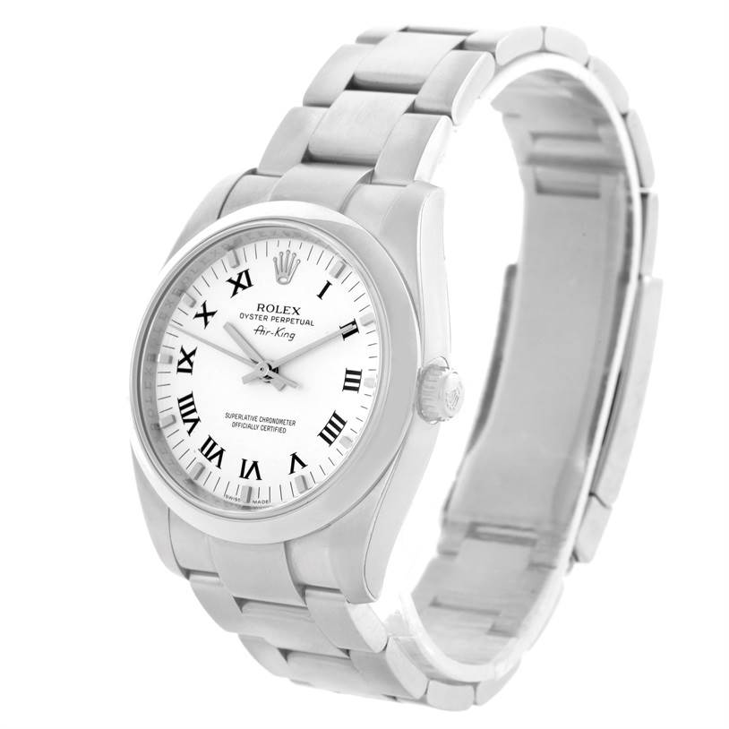 The Rolex Air-King 114200 Men's Stainless Steel White Dial 114200 Men's Stainless Steel White Dial watch is shown from a front angle highlighting the dial, bezel, crown, and bracelet.