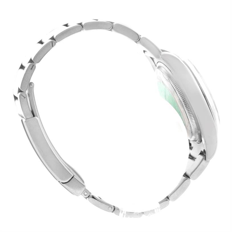 This image of the Rolex Air-King 114200 Men's Stainless Steel White Dial 114200 Men's Stainless Steel White Dial watch shows a side view emphasizing the bracelet and the case back.