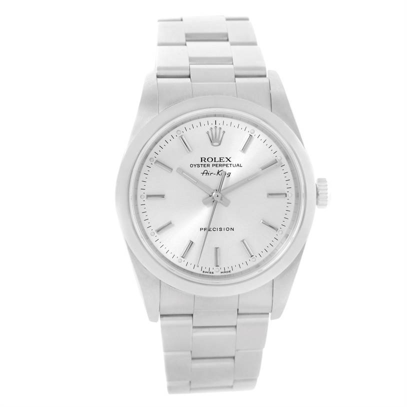 The image shows a frontal view of a Rolex Air-King 14000 Men's Stainless Steel Silver Dial 14000 Men's Stainless Steel Silver Dial watch, displaying the dial, hands, bezel, and part of the bracelet.