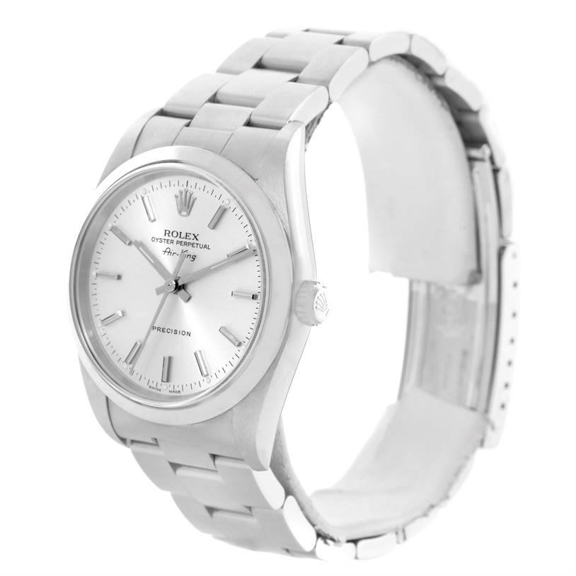 This image shows a Rolex Air-King 14000 Men's Stainless Steel Silver Dial 14000 Men's Stainless Steel Silver Dial watch from a left-front angle, highlighting the dial, bezel, crown, and bracelet.