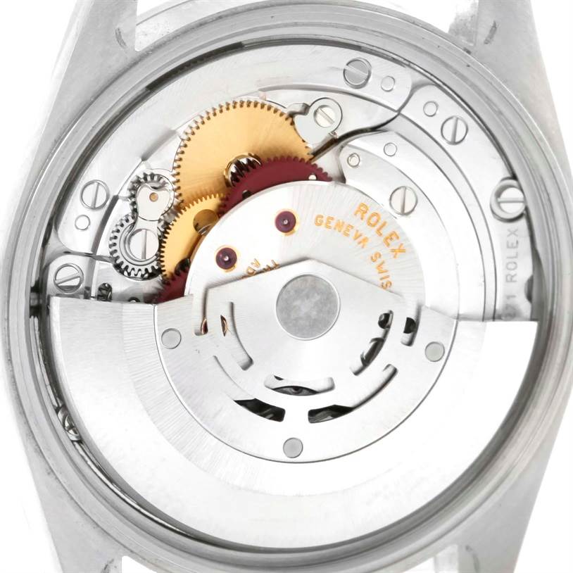 The image shows the back view of a Rolex Air-King 14000 Men's Stainless Steel Silver Dial 14000 Men's Stainless Steel Silver Dial watch, focusing on the intricate internal mechanical movement.