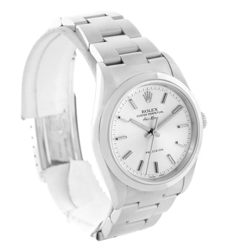 This is an angled view of a Rolex Air-King 14000 Men's Stainless Steel Silver Dial 14000 Men's Stainless Steel Silver Dial watch, showing its face, bezel, and metal bracelet.