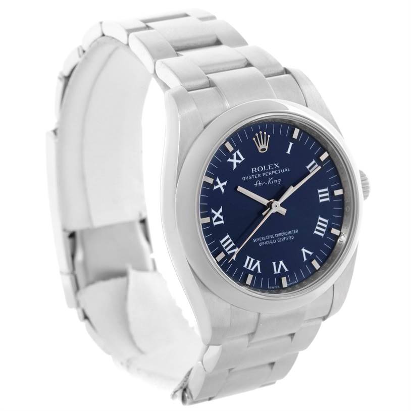 This Rolex Air-King 114200 Men's Stainless Steel Blue Dial 114200 Men's Stainless Steel Blue Dial watch is shown at a three-quarter angle, displaying the face, bezel, and bracelet.