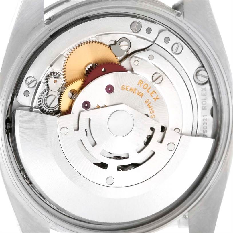 This is an angled view showing the internal mechanical movement of the Rolex Air-King 114200 Men's Stainless Steel Blue Dial 114200 Men's Stainless Steel Blue Dial watch.