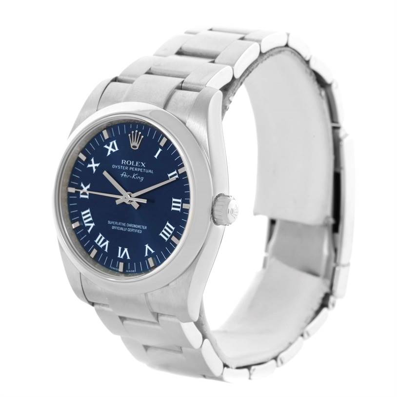 The image shows a Rolex Air-King 114200 Men's Stainless Steel Blue Dial 114200 Men's Stainless Steel Blue Dial watch at a slight angle, highlighting the watch's face, case, bezel, and part of the bracelet.