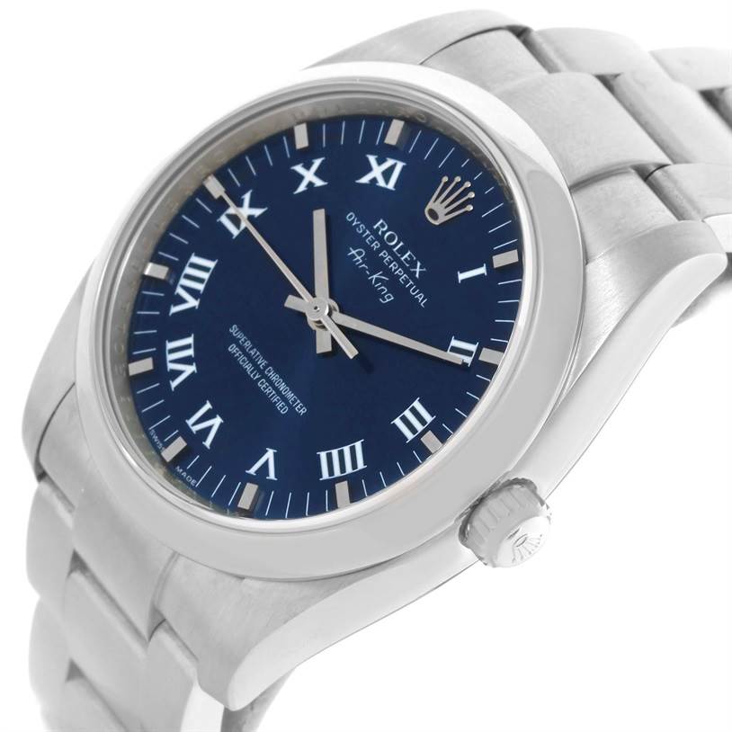 The image shows a Rolex Air-King 114200 Men's Stainless Steel Blue Dial 114200 Men's Stainless Steel Blue Dial watch angled from the front-right, highlighting its blue dial, crown, and stainless steel bracelet.