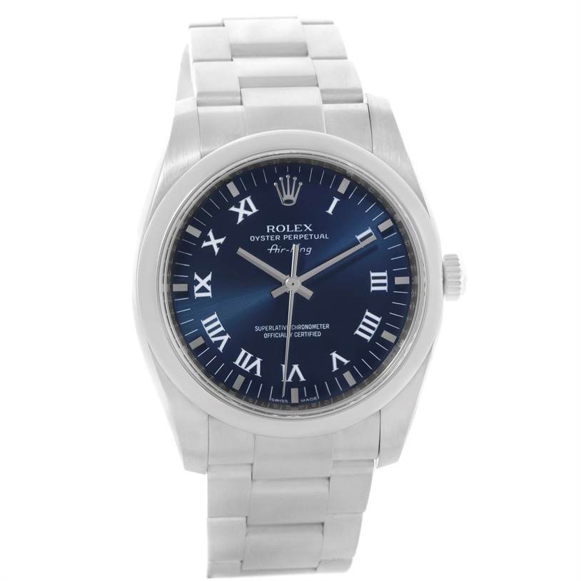 This image shows a frontal view of a Rolex Air-King 114200 Men's Stainless Steel Blue Dial 114200 Men's Stainless Steel Blue Dial watch, displaying the entire watch face, bezel, and bracelet.