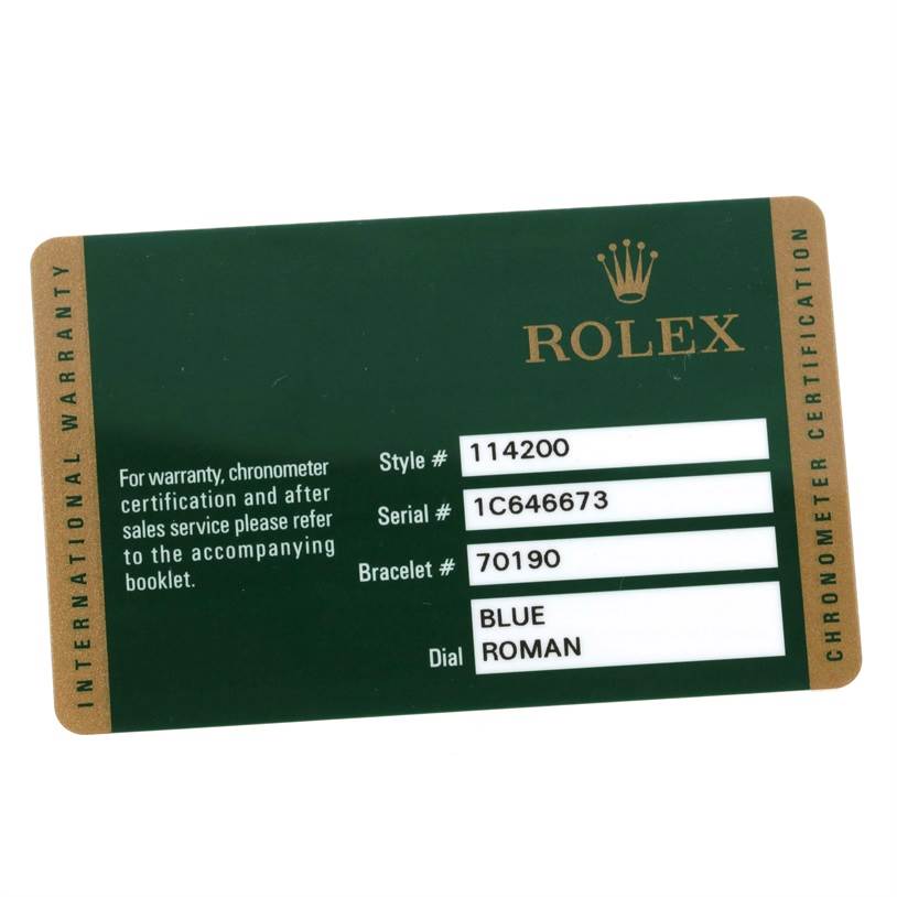 This image shows a warranty card for the Rolex Air-King 114200 Men's Stainless Steel Blue Dial 114200 Men's Stainless Steel Blue Dial watch, listing style, serial, bracelet numbers, and dial type.