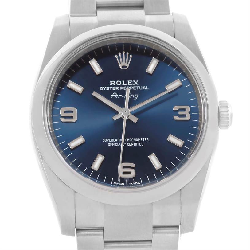 The image shows a front view of a Rolex Air-King 114200 Men's Stainless Steel Blue Dial 114200 Men's Stainless Steel Blue Dial watch, highlighting the dial, case, and bracelet.