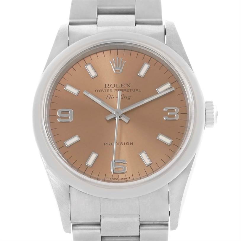 The image shows a front view of the Rolex Air-King 14000 Men's Stainless Steel Pink Dial 14000 Men's Stainless Steel Pink Dial watch, featuring its dial, hands, and metal bracelet.