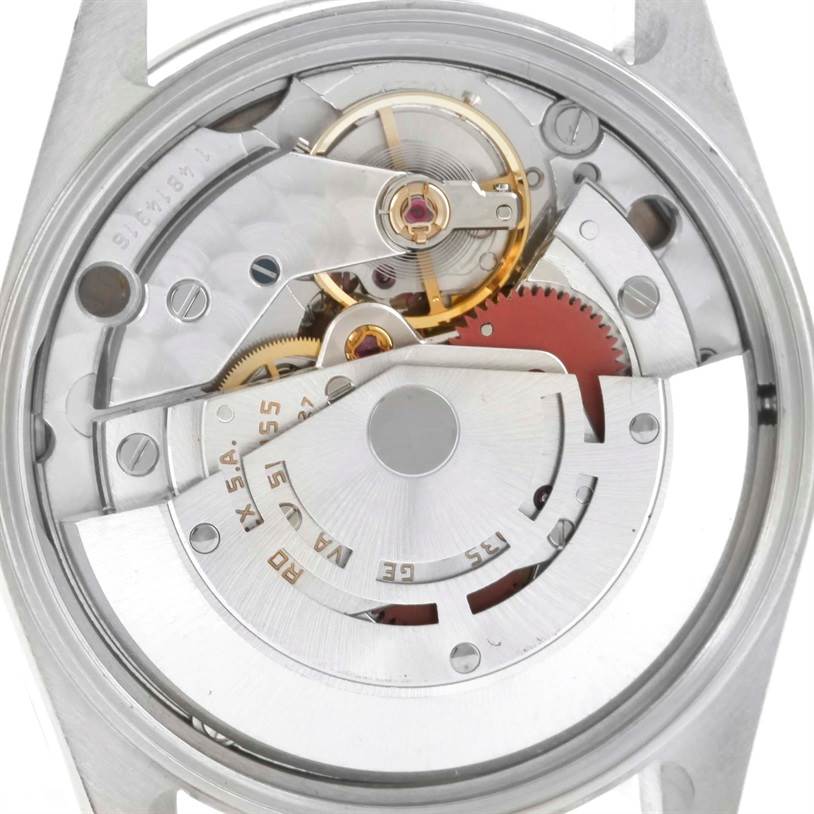 This image shows the internal mechanism of a Rolex Air-King 14000 Men's Stainless Steel Pink Dial 14000 Men's Stainless Steel Pink Dial watch from a top-down angle.