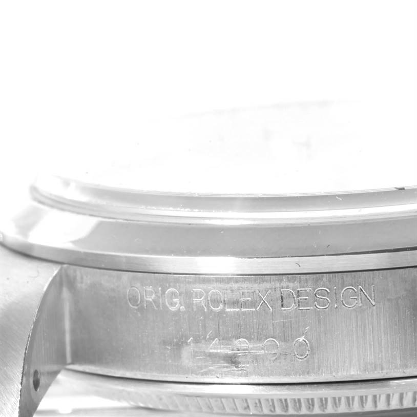 This image shows a close-up of the case side and part of the bezel of a Rolex Air-King 14000 Men's Stainless Steel Pink Dial 14000 Men's Stainless Steel Pink Dial.