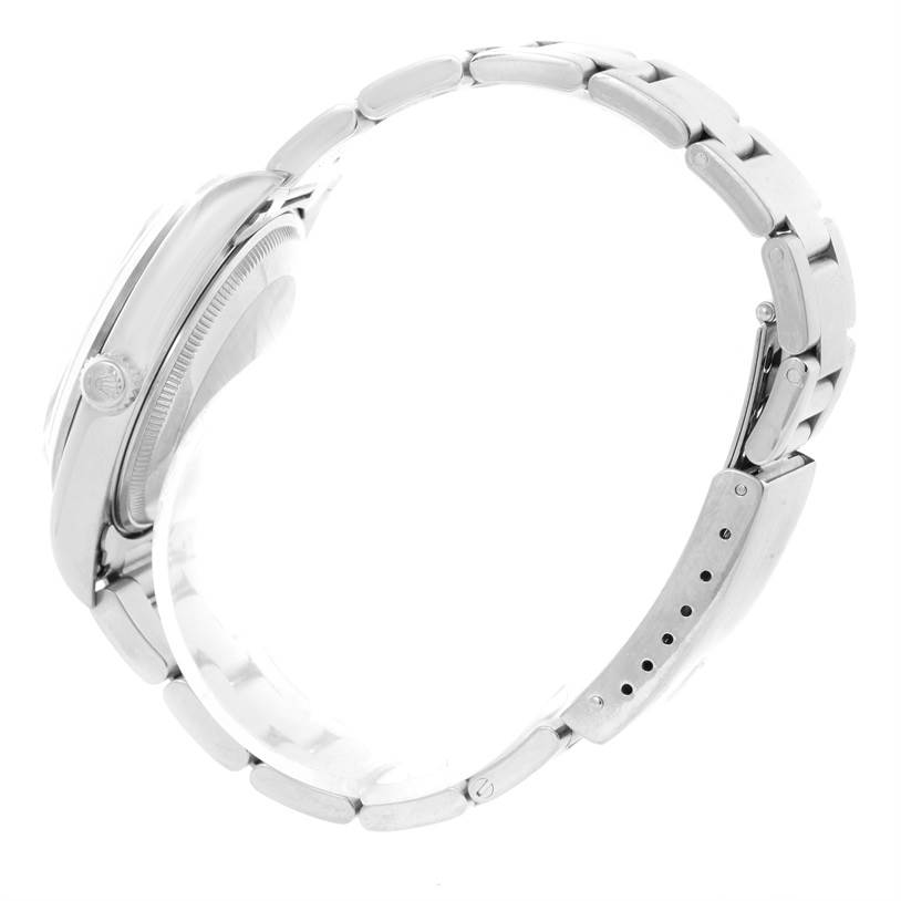 The image shows a side view of a Rolex Air-King 14000 Men's Stainless Steel Pink Dial 14000 Men's Stainless Steel Pink Dial watch, focusing on the case, crown, and bracelet with clasp.