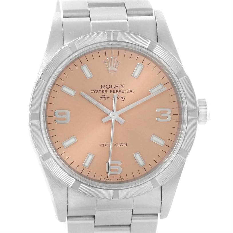 This is a frontal view of a Rolex Air-King 14010 Stainless Steel Pink Dial 14010 Stainless Steel Pink Dial watch displaying the face, bezel, and bracelet.