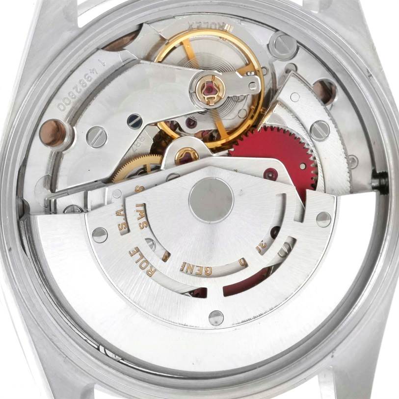This image shows the internal mechanism of the Rolex Air-King 14010 Stainless Steel Pink Dial 14010 Stainless Steel Pink Dial watch from a back angle.