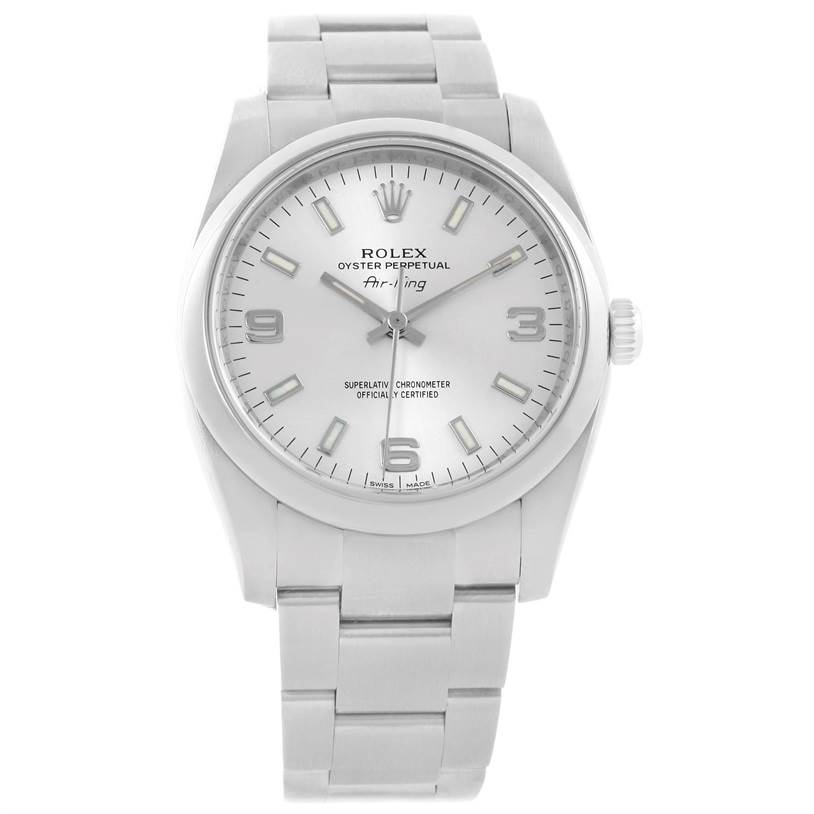 The image shows a front view of a Rolex Air-King 114200 Men's Stainless Steel Silver Dial 114200 Men's Stainless Steel Silver Dial watch, featuring its dial, hands, crown, and part of the bracelet.