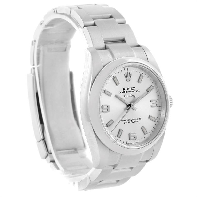 The image shows a Rolex Air-King 114200 Men's Stainless Steel Silver Dial 114200 Men's Stainless Steel Silver Dial watch angled to display the face, bezel, crown, and part of the bracelet.