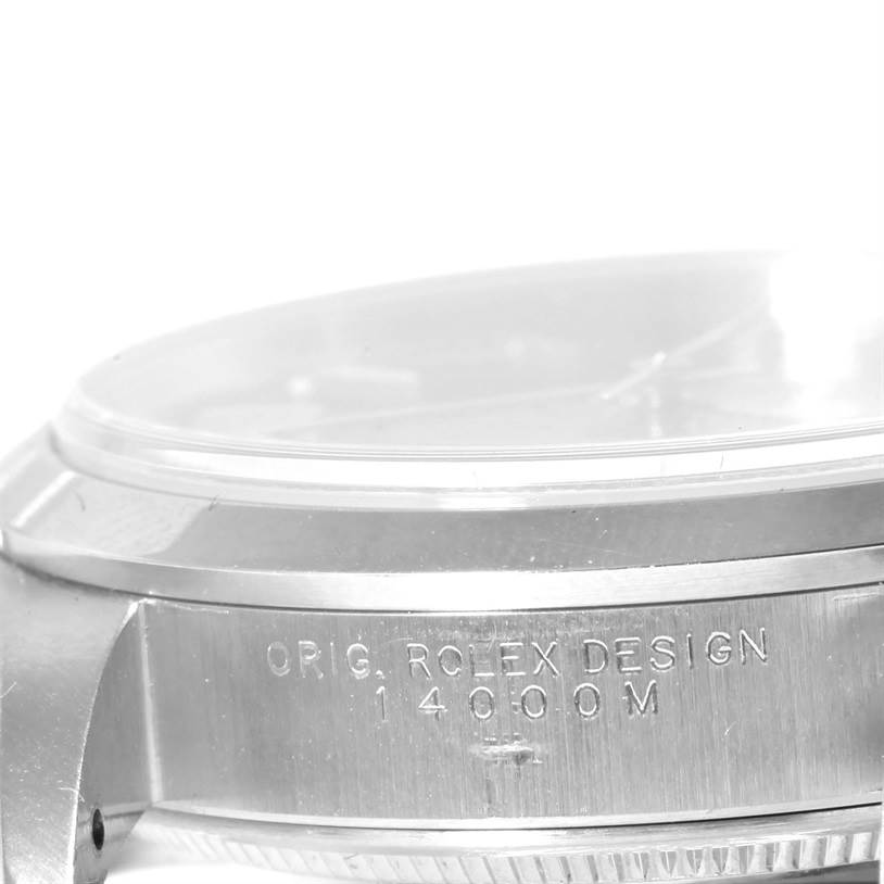 The image shows a close-up side view of the Rolex Air-King 14000 Men's Stainless Steel Blue Dial 14000 Men's Stainless Steel Blue Dial, highlighting the case and bezel, including model engravings.