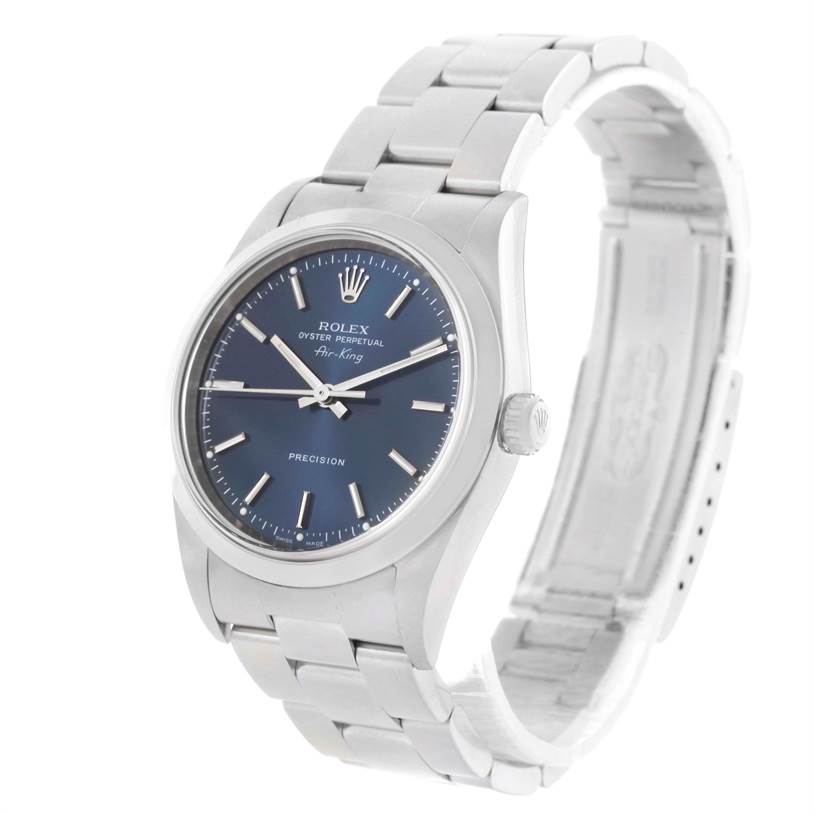 The Rolex Air-King 14000 Men's Stainless Steel Blue Dial 14000 Men's Stainless Steel Blue Dial watch is shown at a slight angle, displaying its face, bezel, crown, and bracelet.