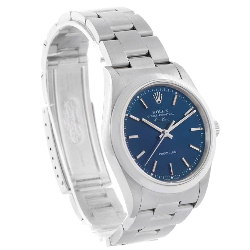 This image shows a side angle of the Rolex Air-King 14000 Men's Stainless Steel Blue Dial 14000 Men's Stainless Steel Blue Dial watch displaying its blue dial, stainless steel case, and bracelet.