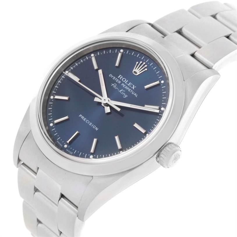 The Rolex Air-King 14000 Men's Stainless Steel Blue Dial 14000 Men's Stainless Steel Blue Dial watch is shown at a slight angle, displaying the face, crown, and part of the bracelet.