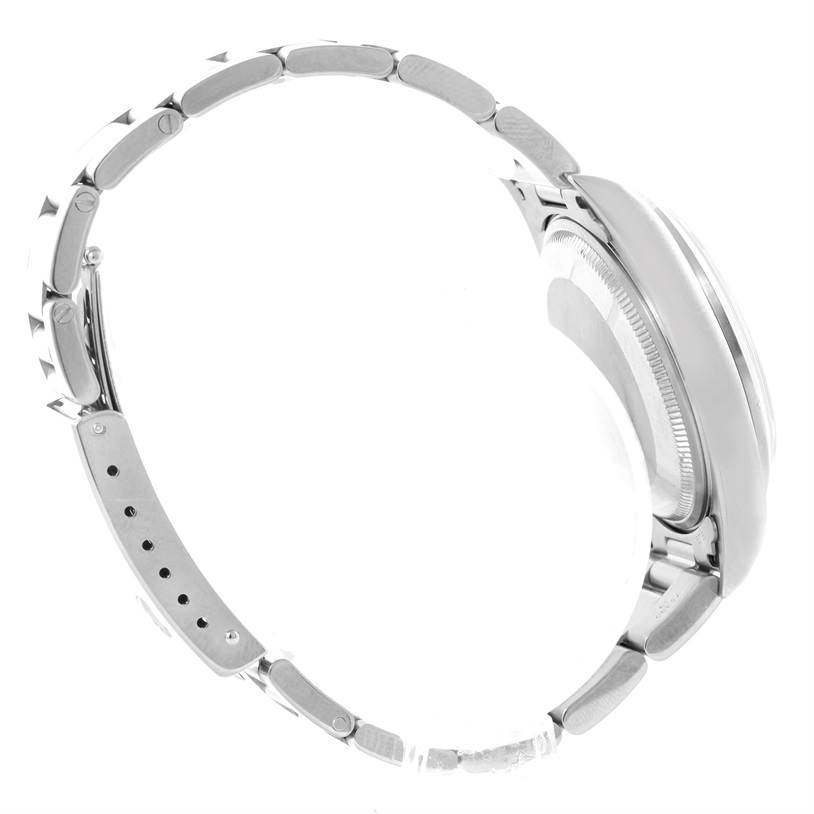 The image shows a side profile of a Rolex Air-King 14000 Men's Stainless Steel Blue Dial 14000 Men's Stainless Steel Blue Dial watch, focusing on its metallic bracelet and case.