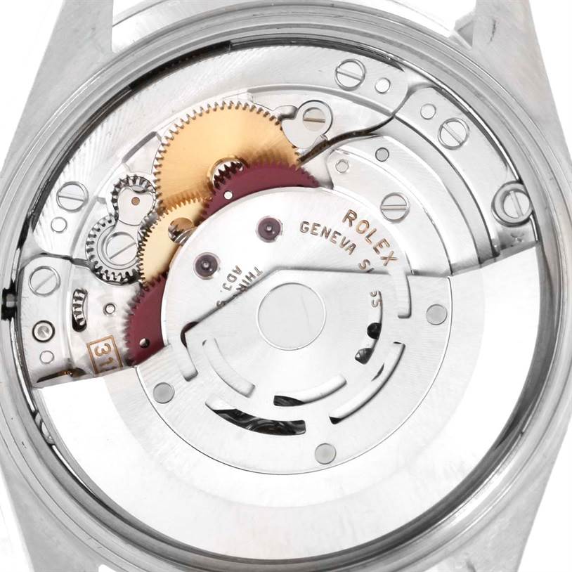 The image shows the internal movement mechanism of a Rolex Air-King 14000 Men's Stainless Steel Blue Dial 14000 Men's Stainless Steel Blue Dial watch from a rear angle.