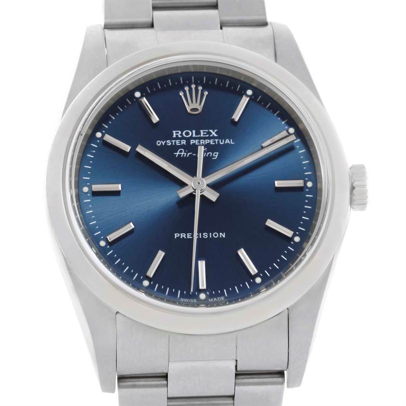 This image shows a front view of the Rolex Air-King 14000 Men's Stainless Steel Blue Dial 14000 Men's Stainless Steel Blue Dial watch, highlighting its blue dial, stainless steel case, and bracelet.